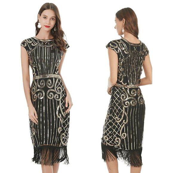 ✨ Flapper Great Gatsby Roaring 1920s Retro Tassel Fringe Sequin Dress SIZE L NEW - Picture 13 of 17